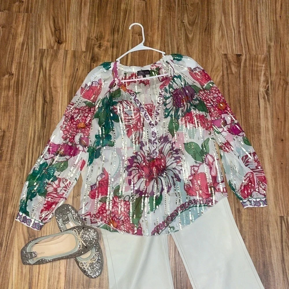 Hale Bob women’s large 12 14 blouse top floral sheer split neck silk cream gold